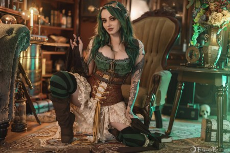 Forbidden Realm Chartreuse corset curio-cabinets horns knee-socks lace green-hair gen-the-hobbit genevieve genthehobbit stripes 1