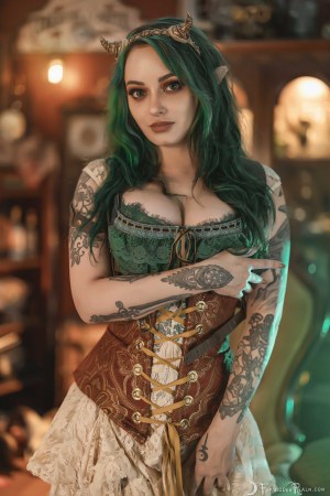 Forbidden Realm Chartreuse corset curio-cabinets horns knee-socks lace green-hair gen-the-hobbit genevieve genthehobbit stripes 2