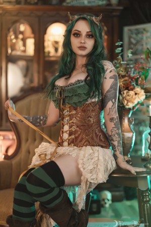 Forbidden Realm Chartreuse corset curio-cabinets horns knee-socks lace green-hair gen-the-hobbit genevieve genthehobbit stripes 3