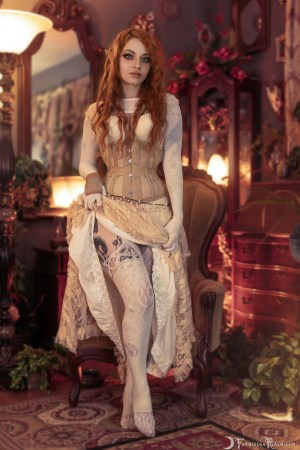 Forbidden Realm Cottage Elf corset fishnet lace stockings elf redhead gen-the-hobbit genevieve genthehobbit feminine victorian 2