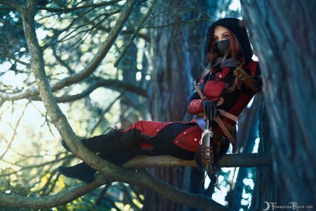 Forbidden Realm Dark Brotherhood boots leather mask assassin redhead nature outdoor gen-the-hobbit genevieve genthehobbit cosplay medieval skyrim 1