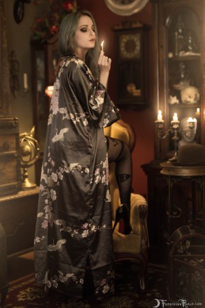 Forbidden Realm Luxurious candles corset curio-cabinets fishnets heels dreamy silver-hair gen-the-hobbit genevieve genthehobbit vintage 2