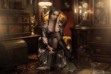 Forbidden Realm Luxurious candles corset curio-cabinets fishnets heels dreamy silver-hair gen-the-hobbit genevieve genthehobbit vintage 4