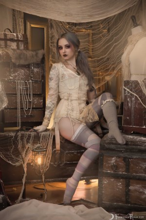Forbidden Realm Porcelain garter-belt knee-socks delicate blue-hair gen-the-hobbit genevieve genthehobbit boudoir retro stripes victorian 2