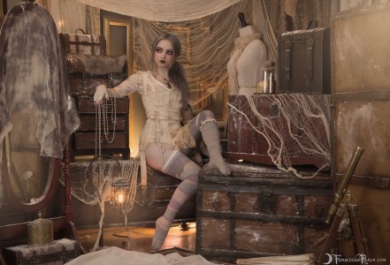 Forbidden Realm Porcelain garter-belt knee-socks delicate blue-hair gen-the-hobbit genevieve genthehobbit boudoir retro stripes victorian 3