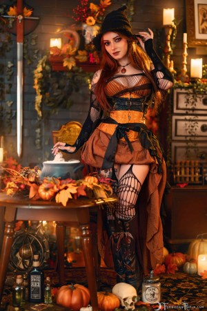 Forbidden Realm Samhain corset fishnets witch holiday kitty redhead halloween gen-the-hobbit genevieve genthehobbit 1