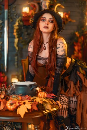 Forbidden Realm Samhain corset fishnets witch holiday kitty redhead halloween gen-the-hobbit genevieve genthehobbit 2