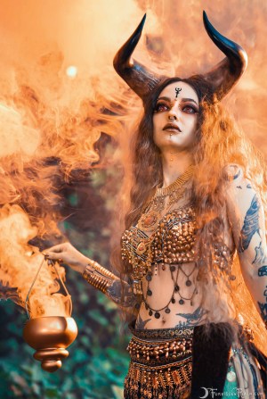 Forbidden Realm Taurus horns red-eyes smoke mythological-creature dreamy brunette forest outdoor gen-the-hobbit genevieve genthehobbit 3