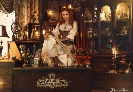 Forbidden Realm The Apothecarium corset curio-cabinets leather redhead gen-the-hobbit genevieve genthehobbit macabre sorcery victorian 2