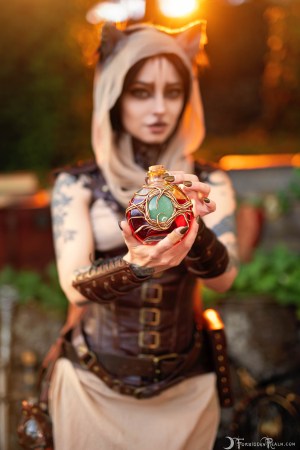 Forbidden Realm The Khajiit's Wares corset leather kitty whimsical redhead outdoor gen-the-hobbit genevieve genthehobbit cosplay fantasy skyrim 4