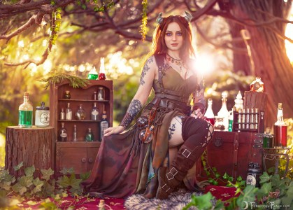 Forbidden Realm The Potions Merchant horns leather autumn redhead forest nature gen-the-hobbit genevieve genthehobbit fantasy skyrim 1