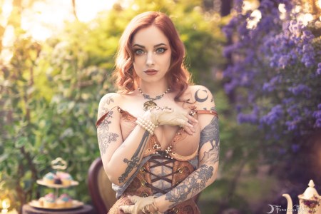 Forbidden Realm Wonderland boots corset tea whimsical redhead outdoor gen-the-hobbit genevieve genthehobbit steampunk tea-party 5