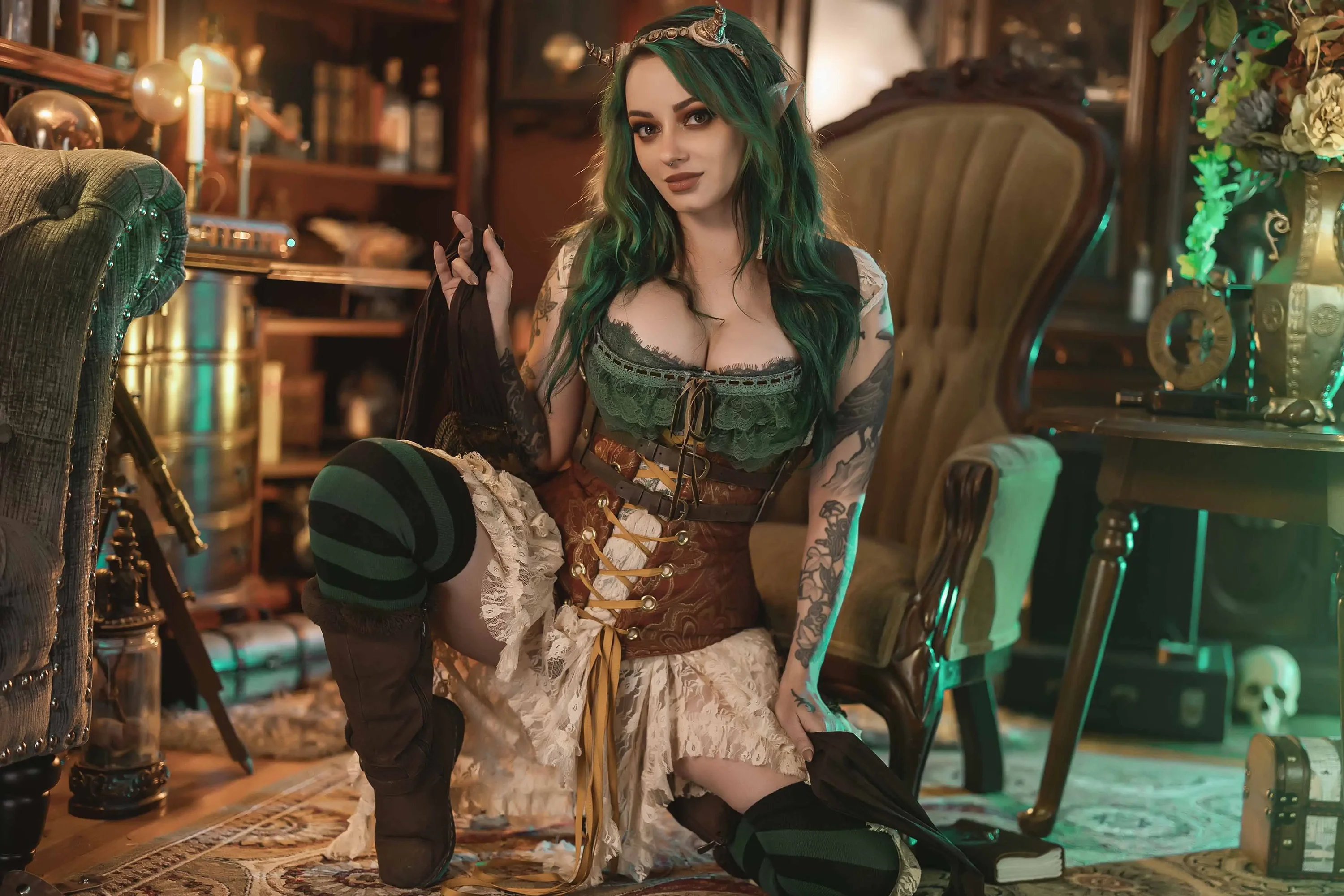 Forbidden Realm Chartreusecorset curio-cabinets horns knee-socks lace green-hair gen-the-hobbit genevieve genthehobbit stripes  Slide