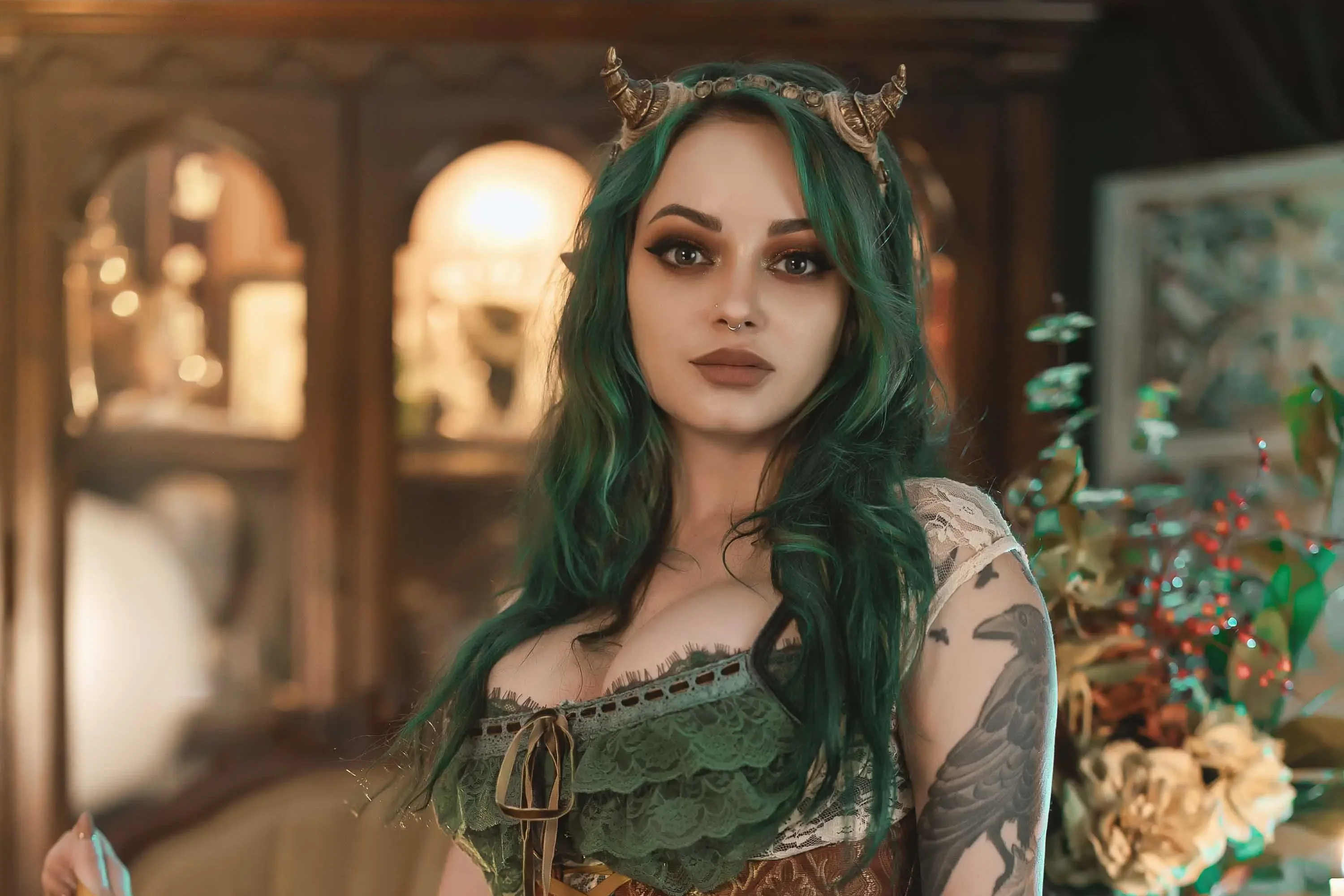 Forbidden Realm Chartreusecorset curio-cabinets horns knee-socks lace green-hair gen-the-hobbit genevieve genthehobbit stripes  Slide