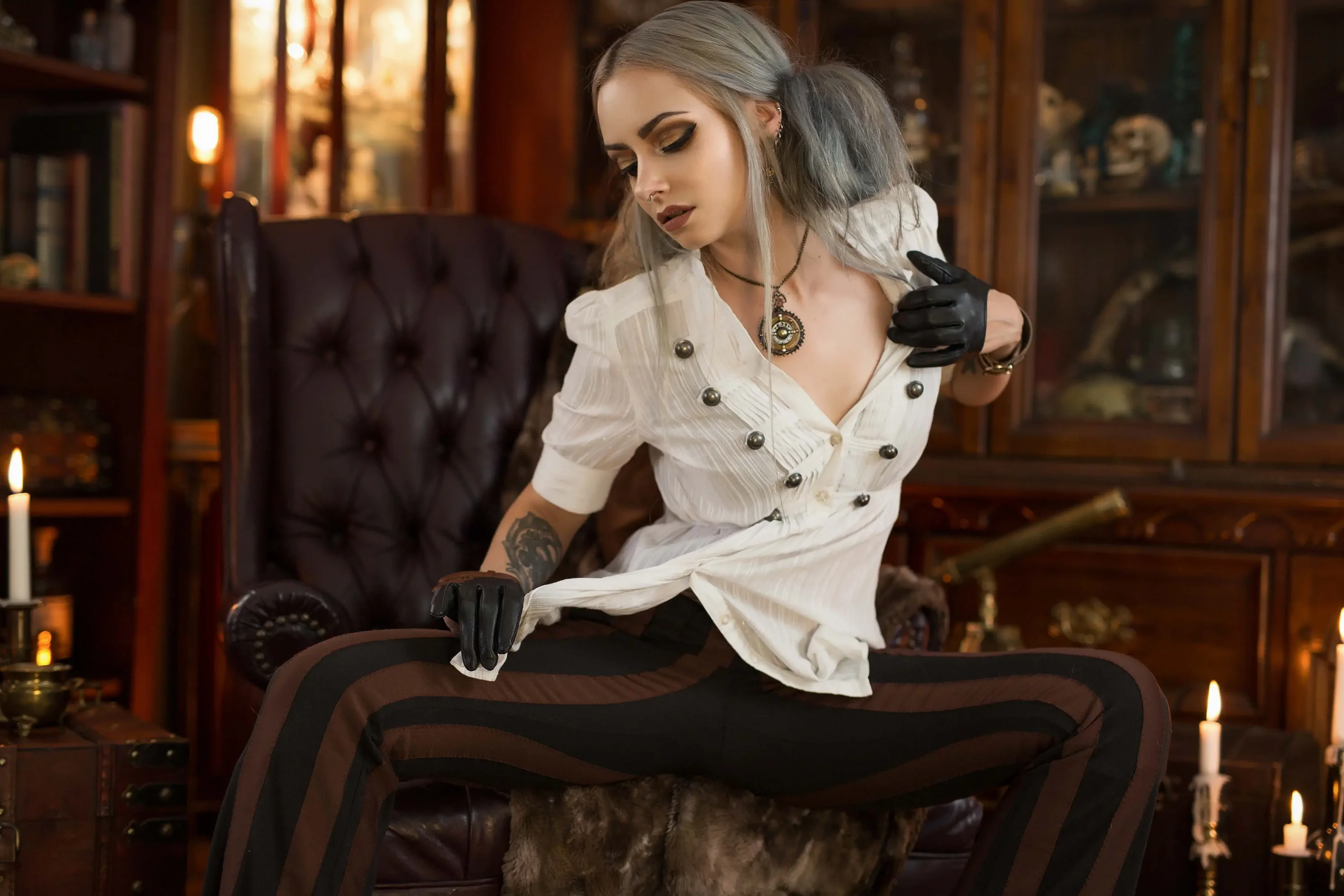 Forbidden Realm Curioboots corset curio-cabinets goggles silver-hair gen-the-hobbit genevieve genthehobbit steampunk stripes victorian  Slide