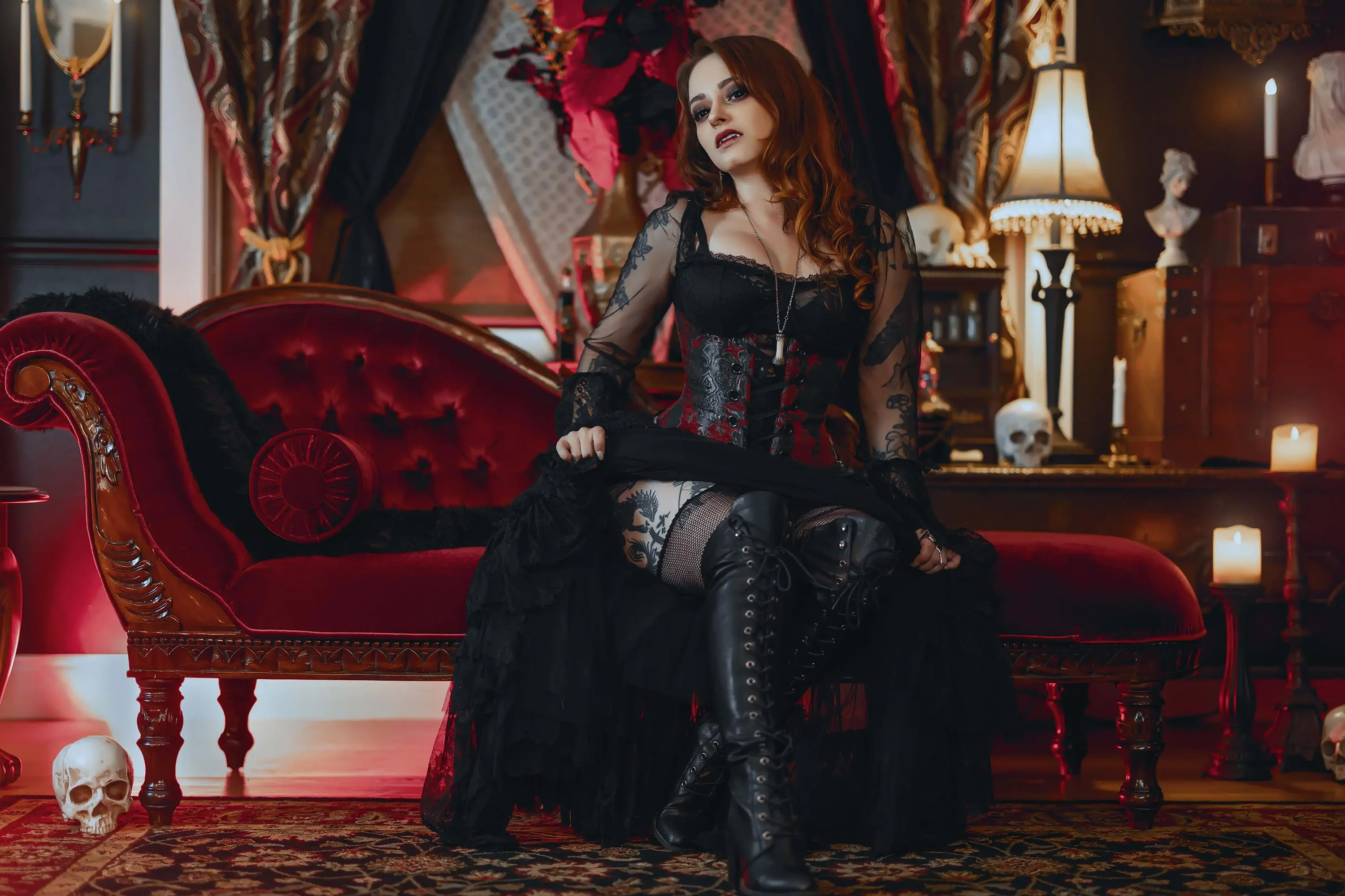 Forbidden Realm Eternal Nightblack-lace boots candles corset red-lips vampire redhead gen-the-hobbit genevieve genthehobbit gothic  Slide