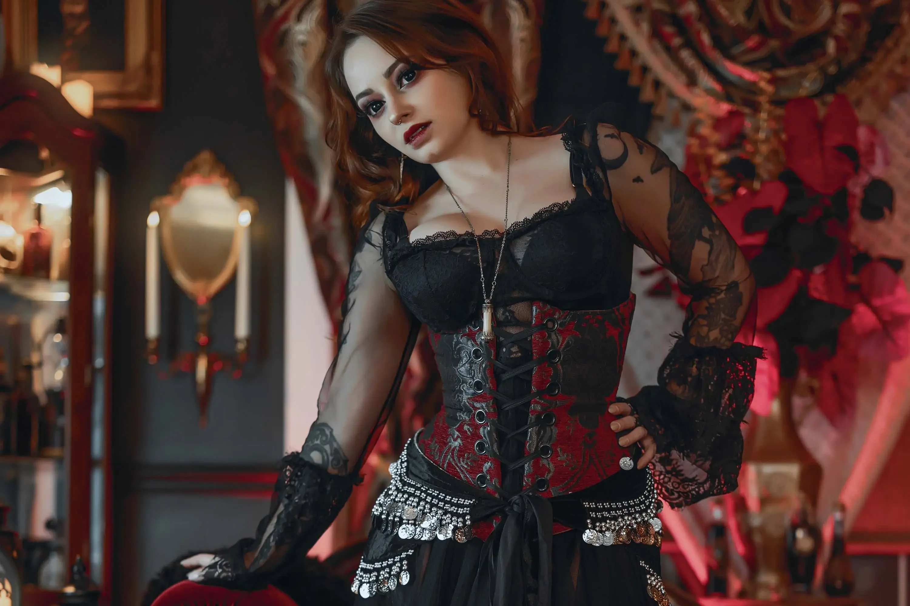 Forbidden Realm Eternal Nightblack-lace boots candles corset red-lips vampire redhead gen-the-hobbit genevieve genthehobbit gothic  Slide