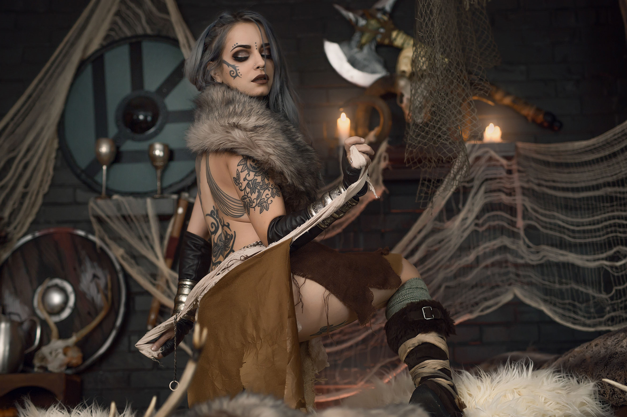 Forbidden Realm Forsworndreadlocks tattoo viking warrior silver-hair gen-the-hobbit genevieve genthehobbit medieval skyrim tribal  Slide