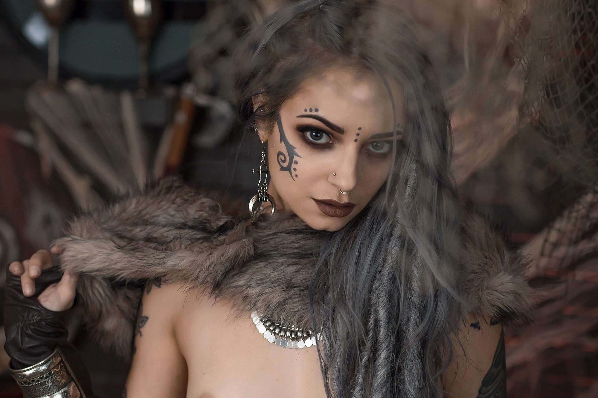 Forbidden Realm Forsworndreadlocks tattoo viking warrior silver-hair gen-the-hobbit genevieve genthehobbit medieval skyrim tribal  Slide