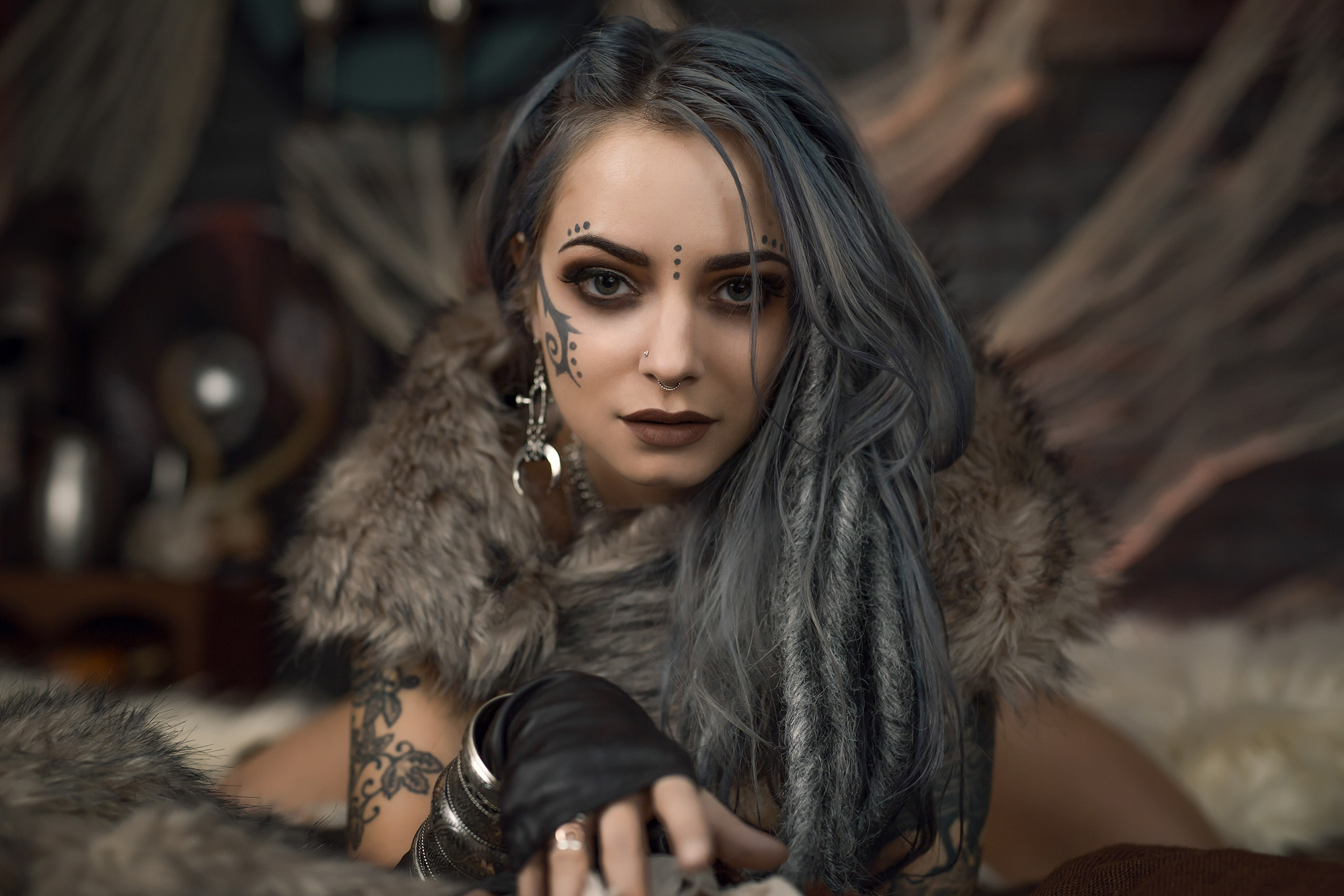 Forbidden Realm Forsworndreadlocks tattoo viking warrior silver-hair gen-the-hobbit genevieve genthehobbit medieval skyrim tribal  Slide