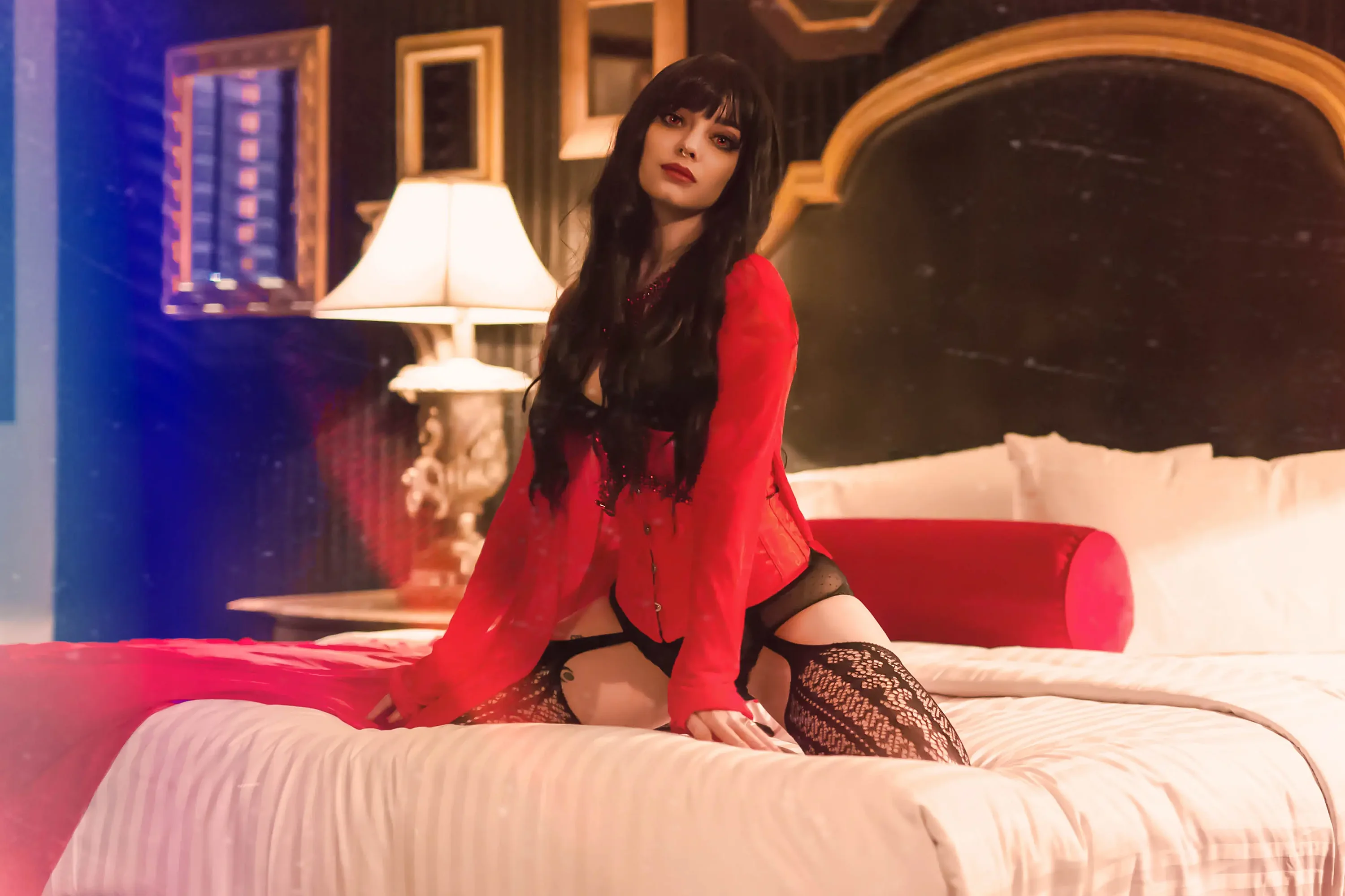 Forbidden Realm Hotel Artisancorset red-eyes red-lips stockings dreamy black-hair bed hotel gen-the-hobbit genevieve genthehobbit hollywood vintage  Slide