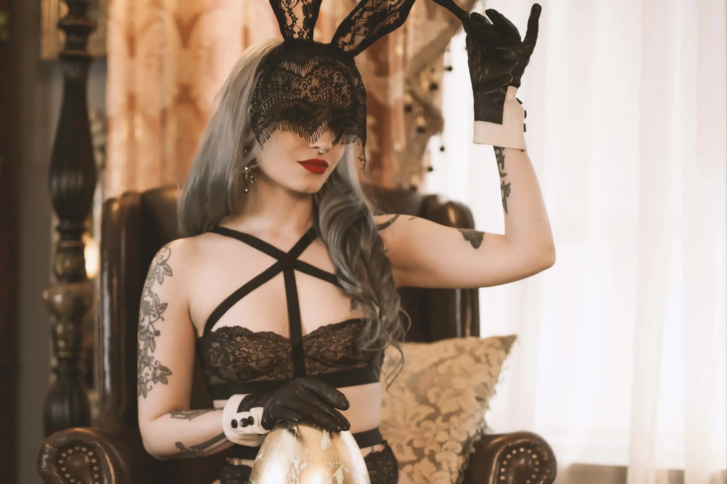 Forbidden Realm Lapin Noirblack-lace lingerie stockings delicate holiday silver-hair gen-the-hobbit genevieve genthehobbit feminine hollywood noir  Slide