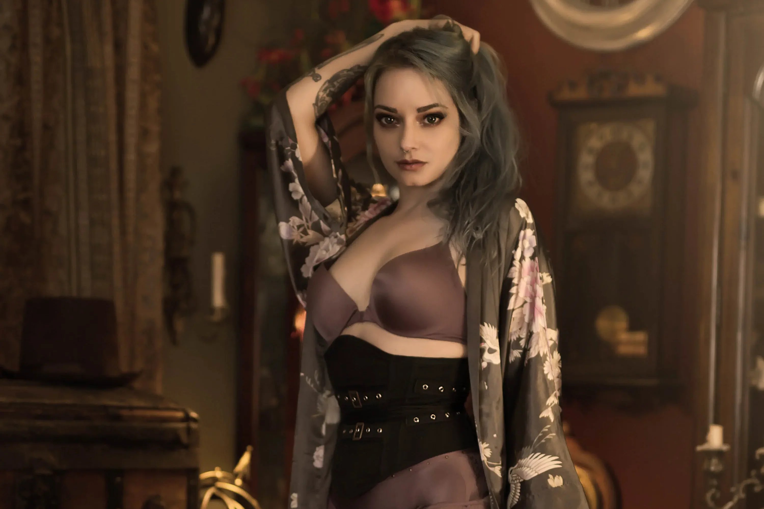 Forbidden Realm Luxuriouscandles corset curio-cabinets fishnets heels dreamy silver-hair gen-the-hobbit genevieve genthehobbit vintage  Slide
