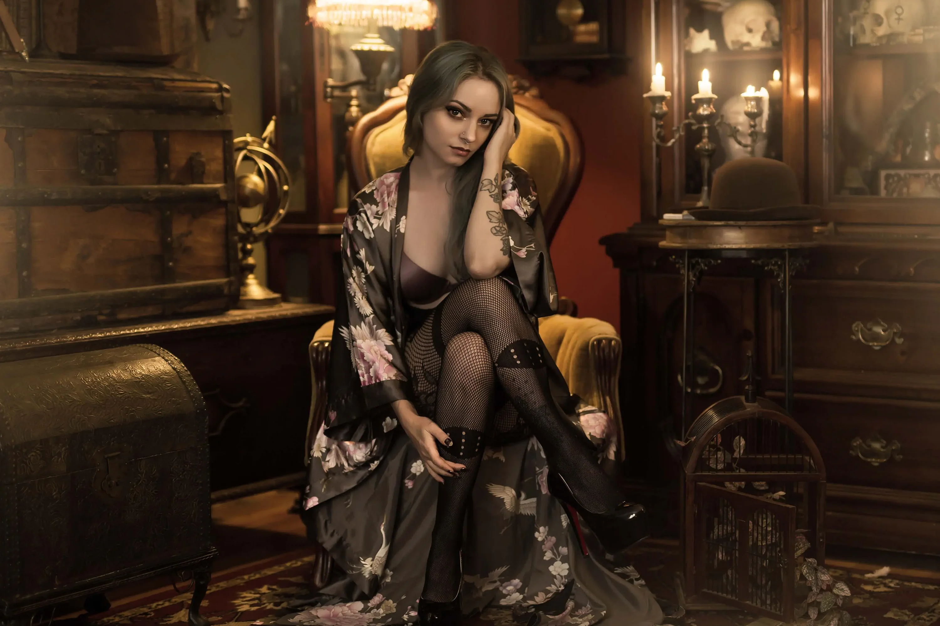 Forbidden Realm Luxuriouscandles corset curio-cabinets fishnets heels dreamy silver-hair gen-the-hobbit genevieve genthehobbit vintage  Slide