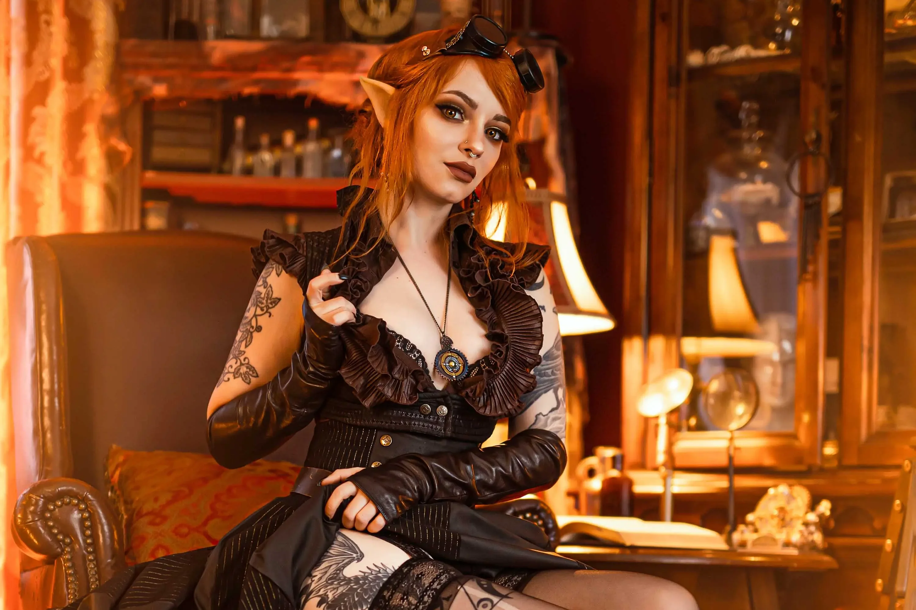 Forbidden Realm Miss Maplewoodblack-lace boots goggles lingerie elf redhead gen-the-hobbit genevieve genthehobbit steampunk victorian  Slide