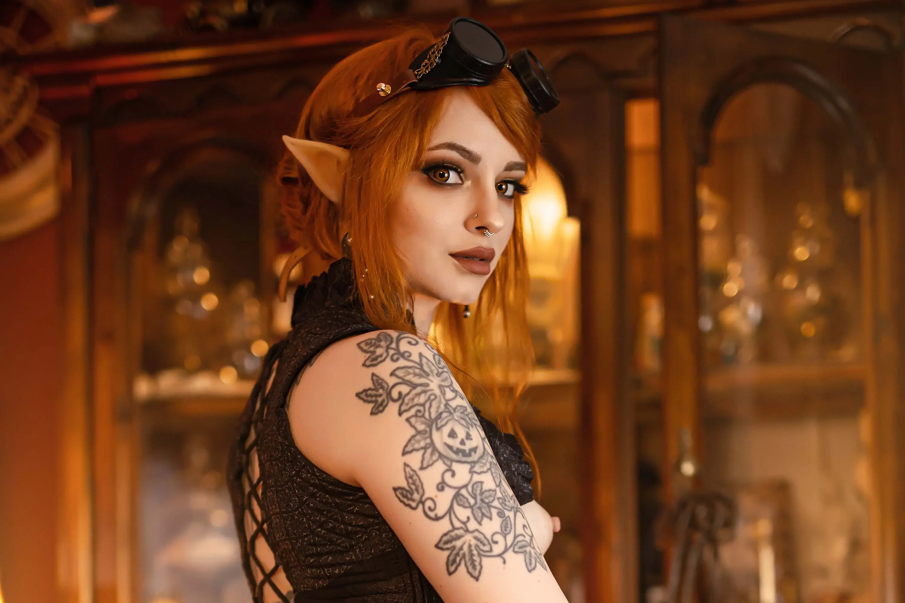Forbidden Realm Miss Maplewoodblack-lace boots goggles lingerie elf redhead gen-the-hobbit genevieve genthehobbit steampunk victorian  Slide