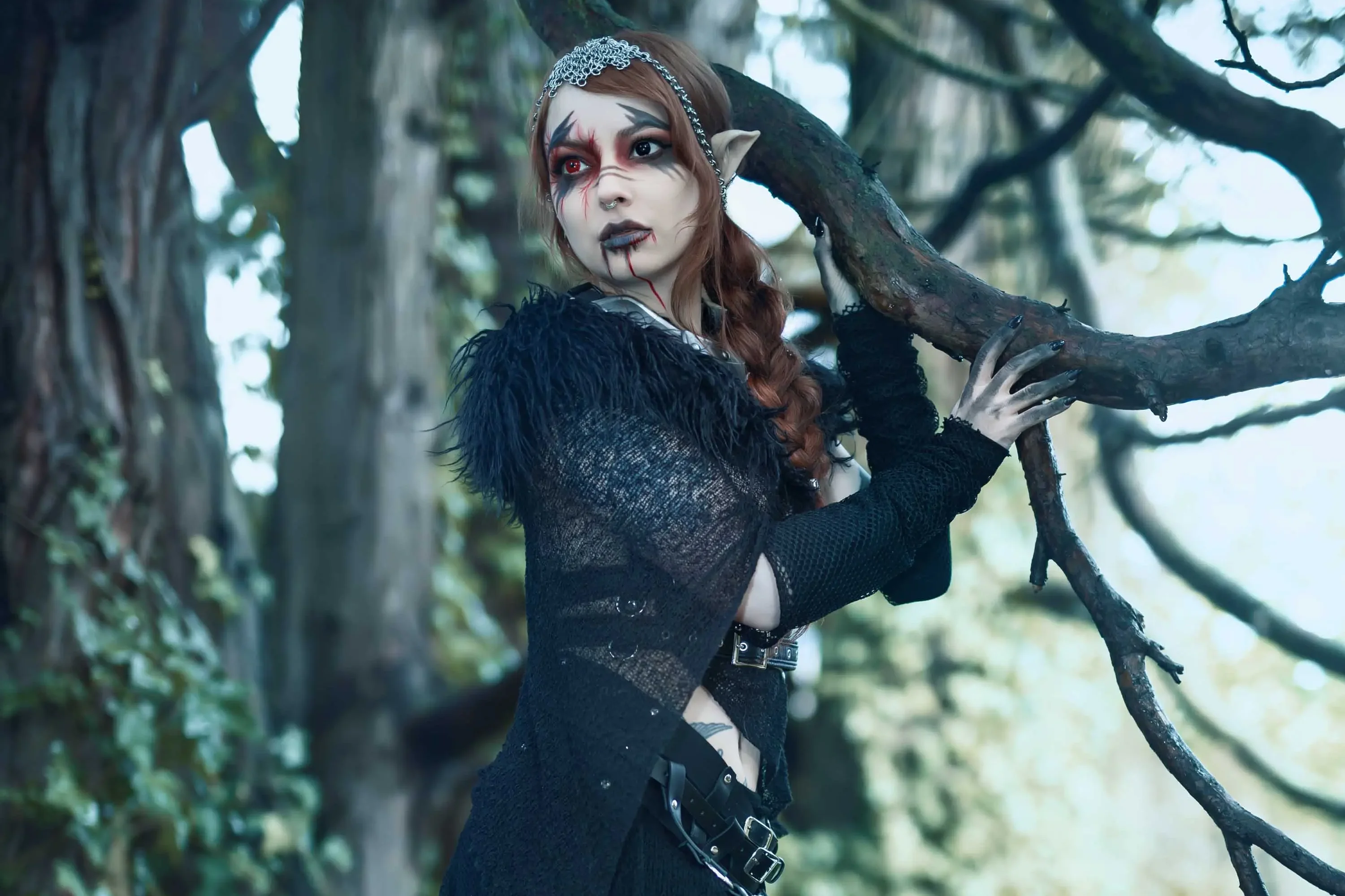 Forbidden Realm Obsidianred-eyes assassin elf redhead forest outdoor gen-the-hobbit genevieve genthehobbit fantasy occult skyrim  Slide