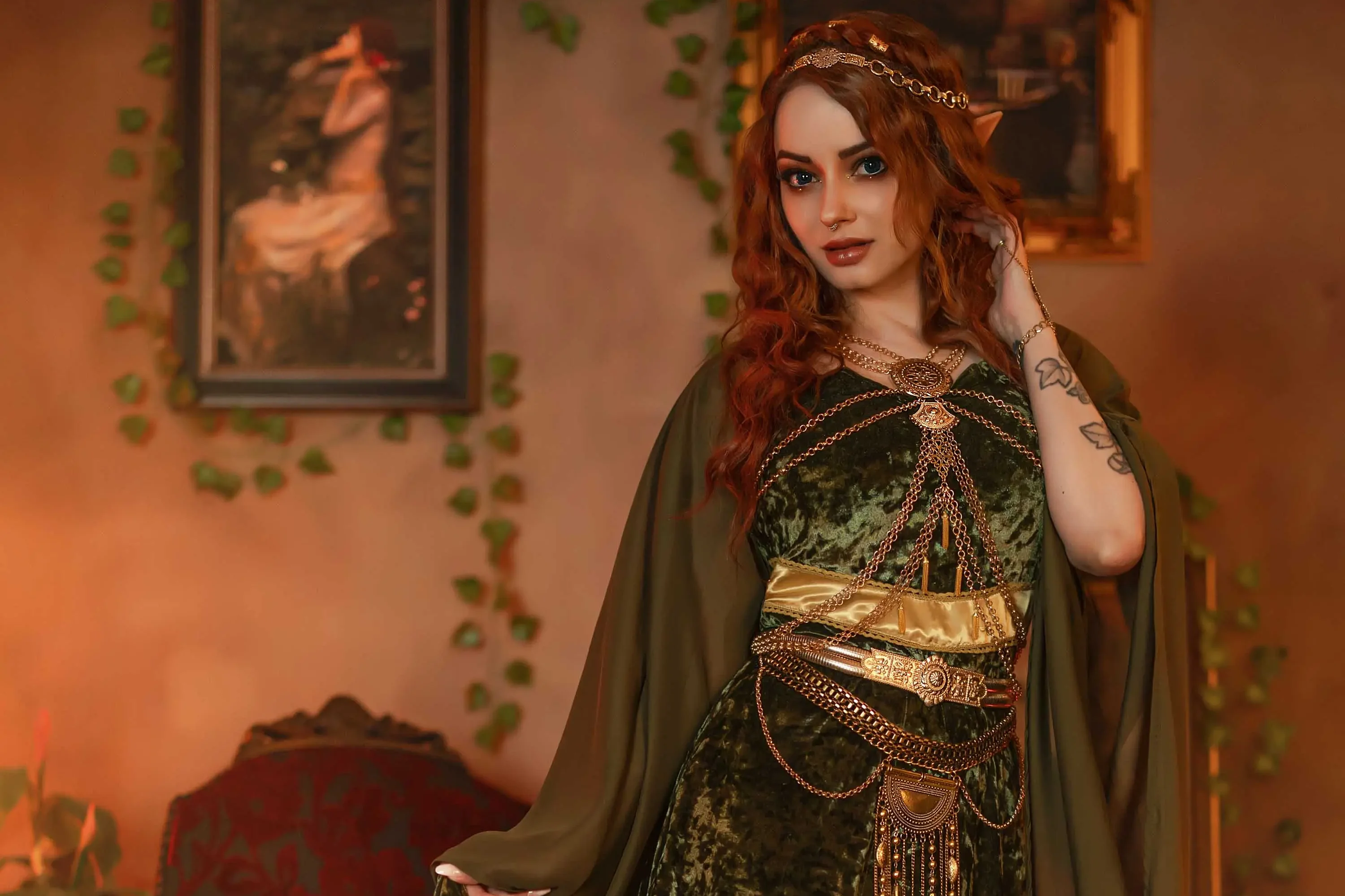 Forbidden Realm Oil Paintingbody-chain elf-ears oil maiden redhead gen-the-hobbit genevieve genthehobbit exotic renaissance  Slide