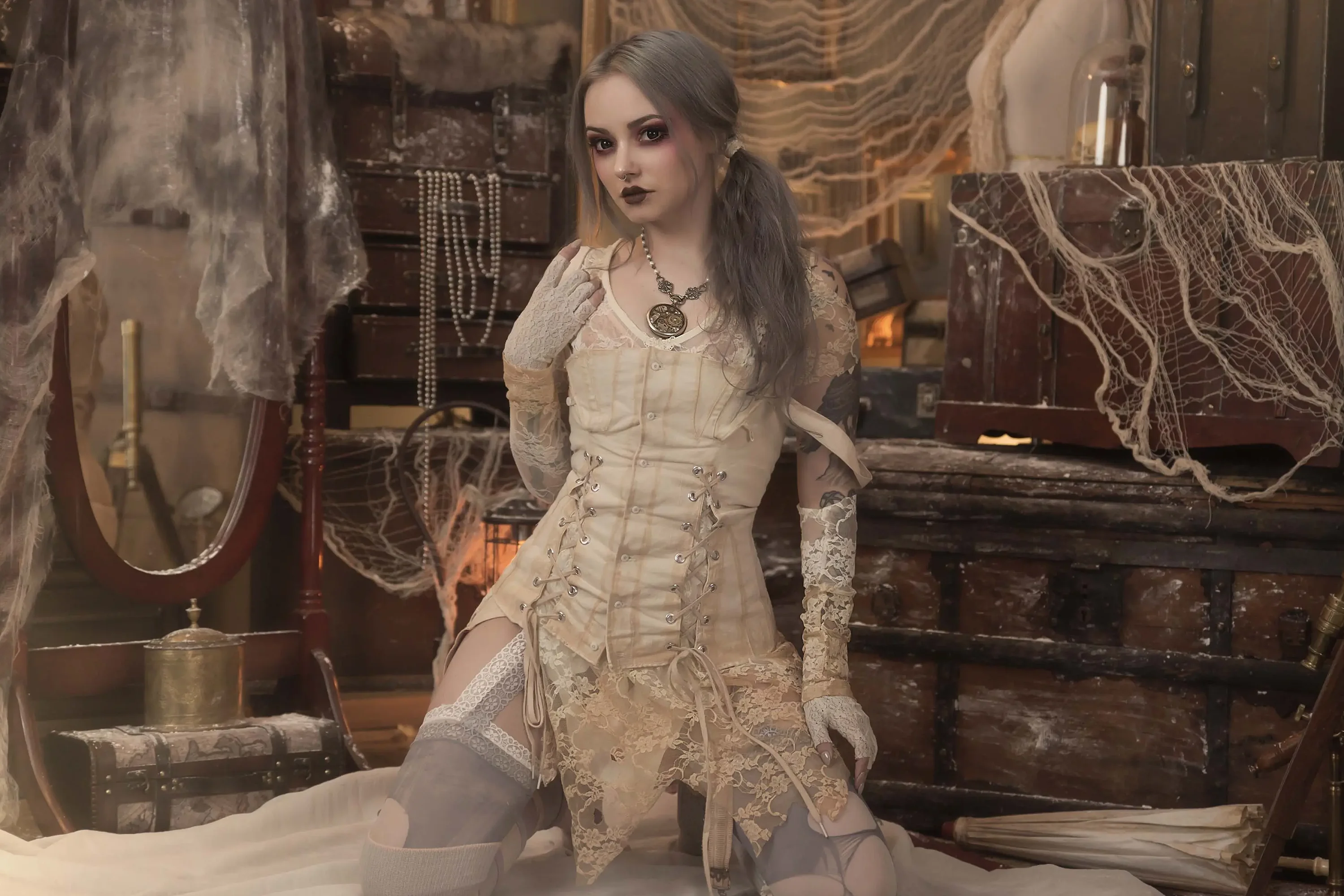 Forbidden Realm Porcelaingarter-belt knee-socks delicate blue-hair gen-the-hobbit genevieve genthehobbit boudoir retro stripes victorian  Slide