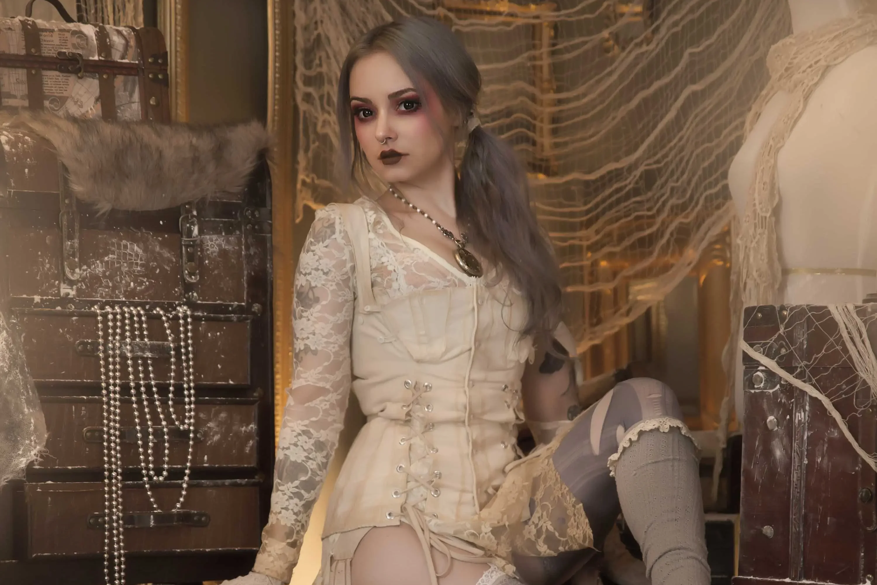 Forbidden Realm Porcelaingarter-belt knee-socks delicate blue-hair gen-the-hobbit genevieve genthehobbit boudoir retro stripes victorian  Slide