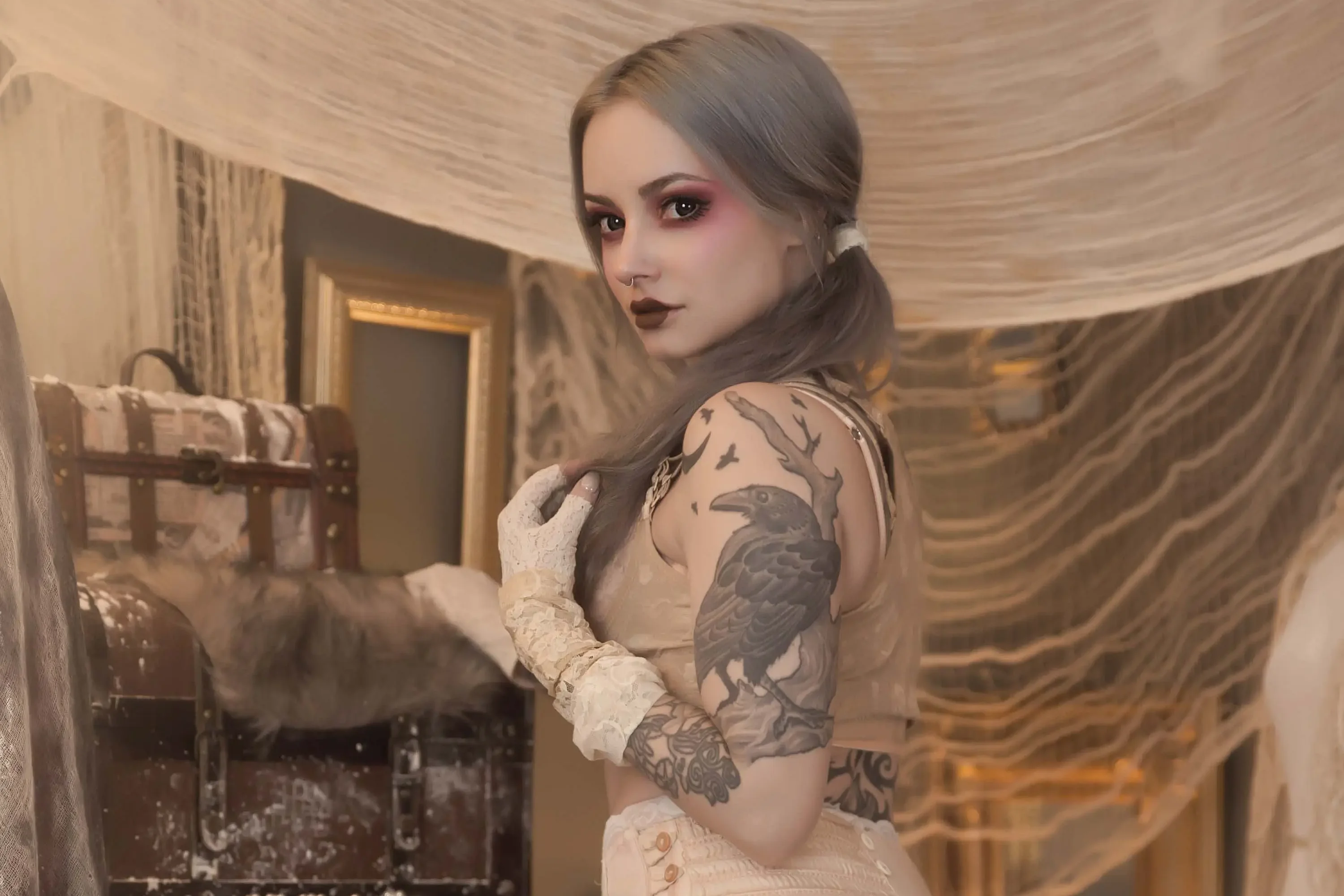 Forbidden Realm Porcelaingarter-belt knee-socks delicate blue-hair gen-the-hobbit genevieve genthehobbit boudoir retro stripes victorian  Slide