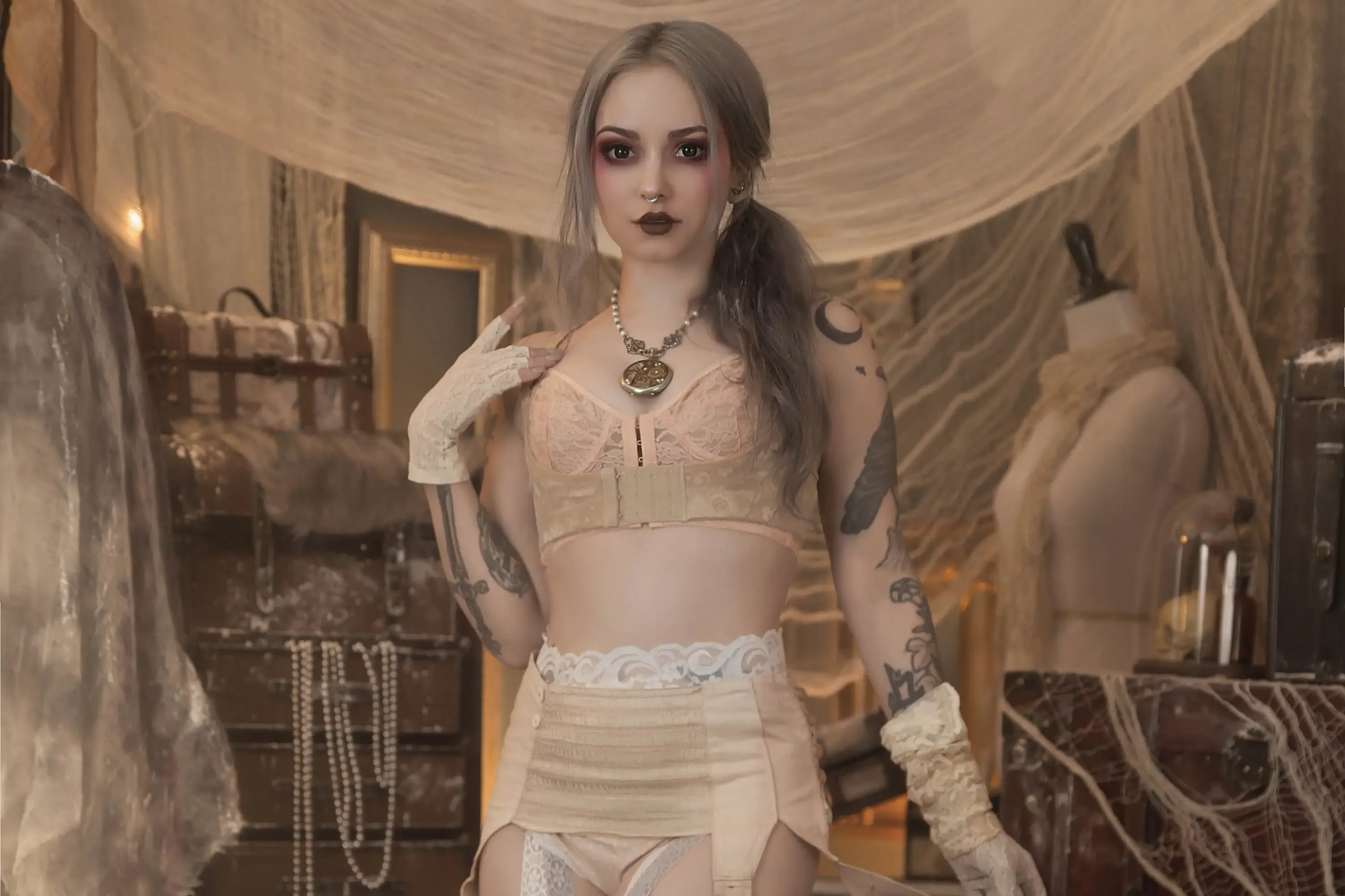 Forbidden Realm Porcelaingarter-belt knee-socks delicate blue-hair gen-the-hobbit genevieve genthehobbit boudoir retro stripes victorian  Slide