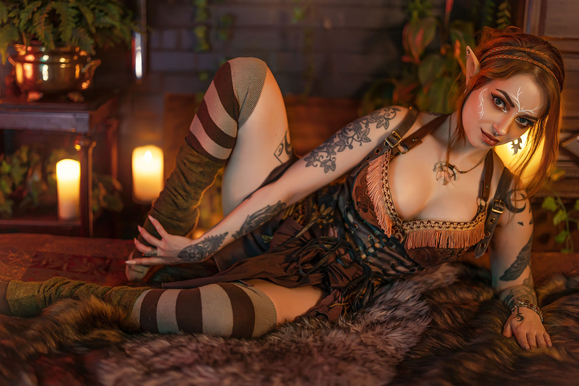 Forbidden Realm Restlessface-paint leather woodelf redhead bed gen-the-hobbit genevieve genthehobbit fantasy medieval tribal  Slide