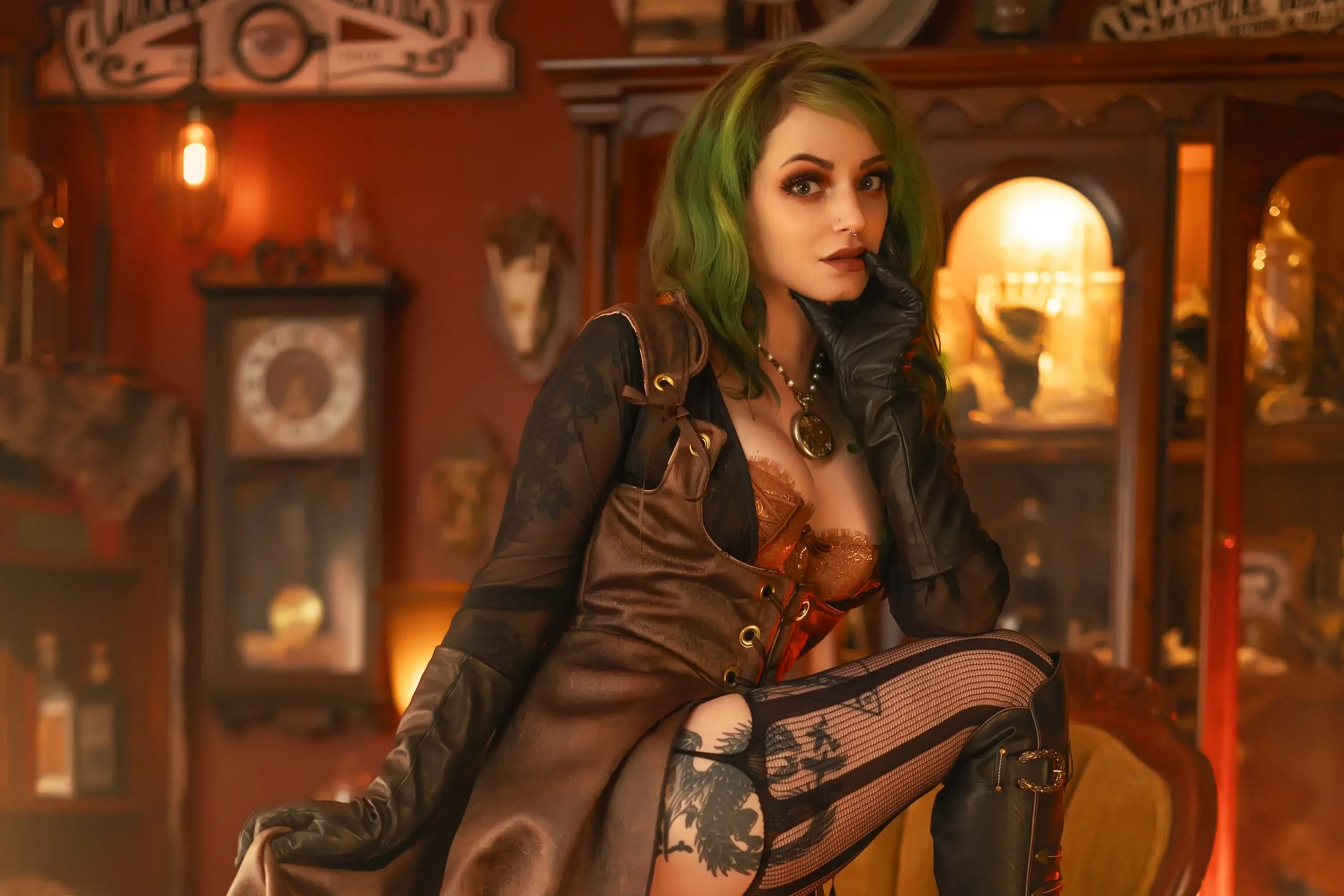 Forbidden Realm Risqueboots curio-cabinets lingerie stockings green-hair gen-the-hobbit genevieve genthehobbit exotic steampunk vintage  Slide