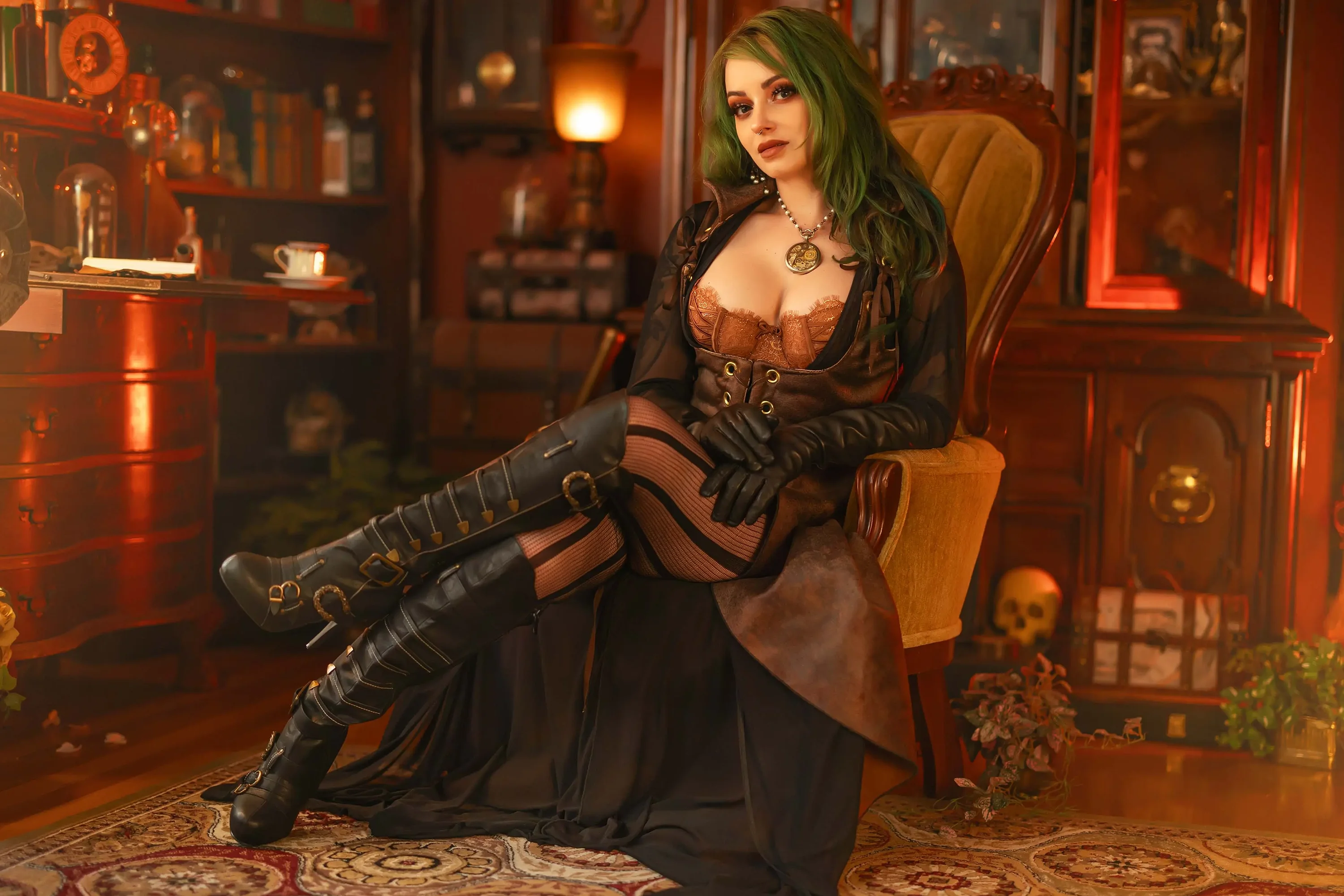 Forbidden Realm Risqueboots curio-cabinets lingerie stockings green-hair gen-the-hobbit genevieve genthehobbit exotic steampunk vintage  Slide