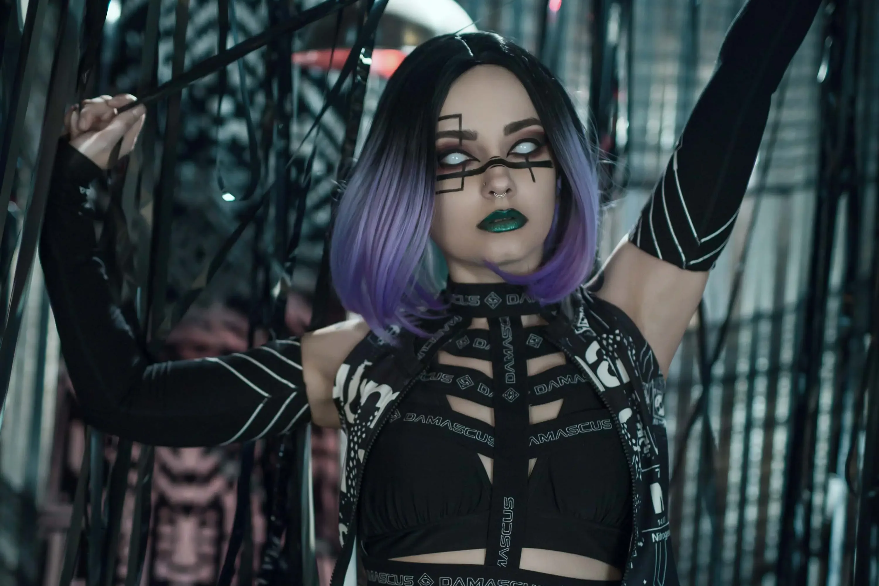 Forbidden Realm Sentientandroid cyborg purple-hair gen-the-hobbit genevieve genthehobbit cyberpunk futuristic industrial scifi  Slide