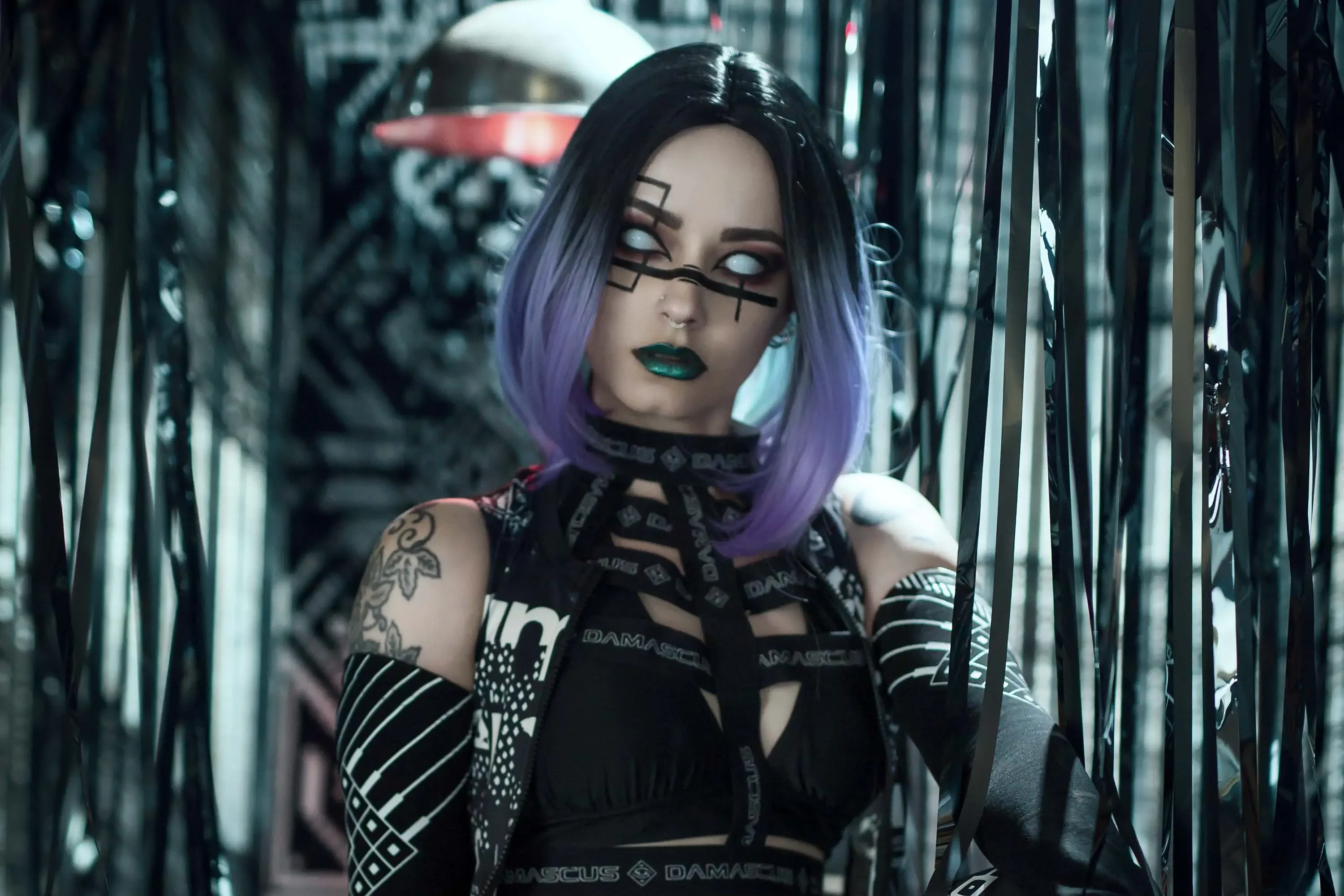 Forbidden Realm Sentientandroid cyborg purple-hair gen-the-hobbit genevieve genthehobbit cyberpunk futuristic industrial scifi  Slide