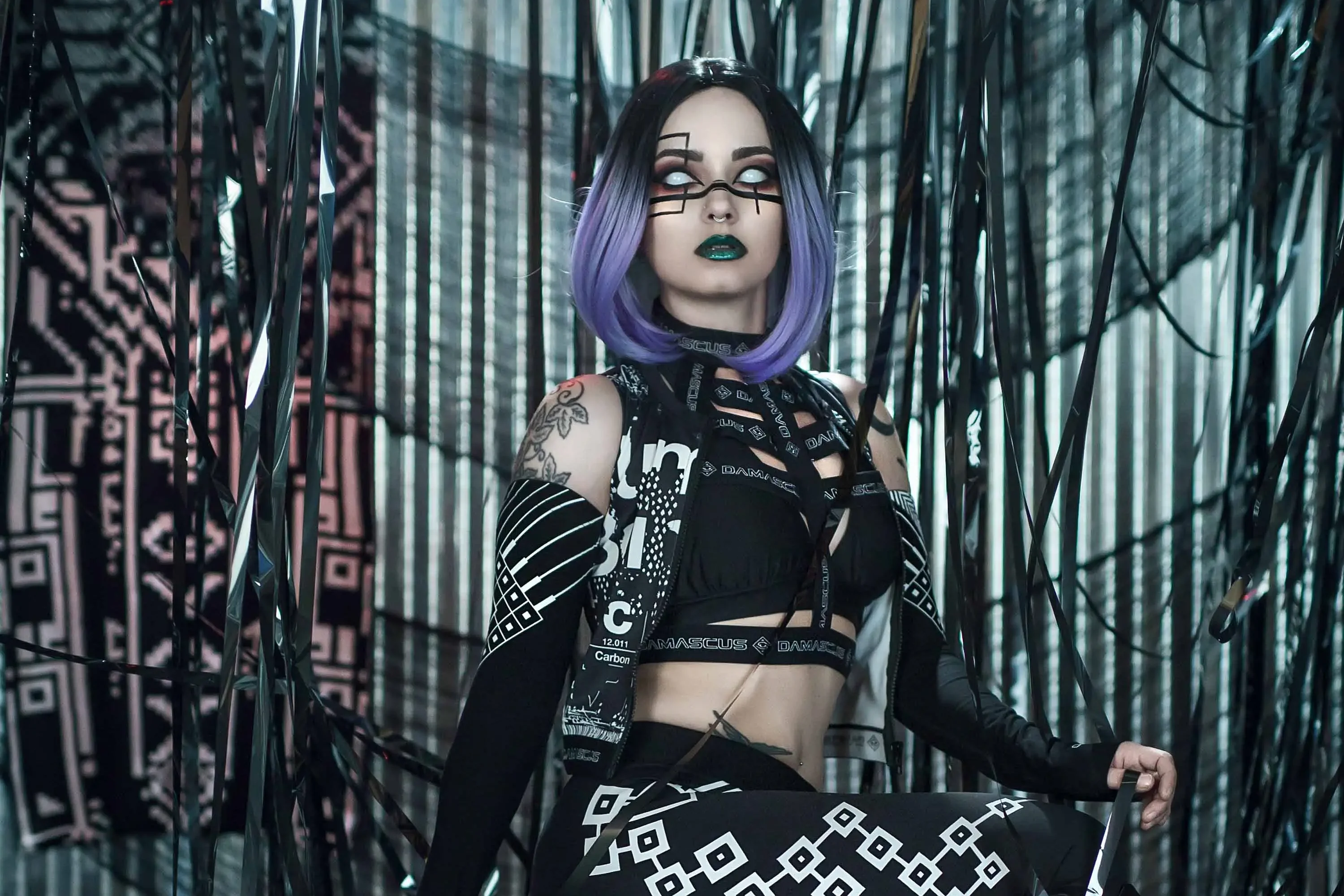 Forbidden Realm Sentientandroid cyborg purple-hair gen-the-hobbit genevieve genthehobbit cyberpunk futuristic industrial scifi  Slide