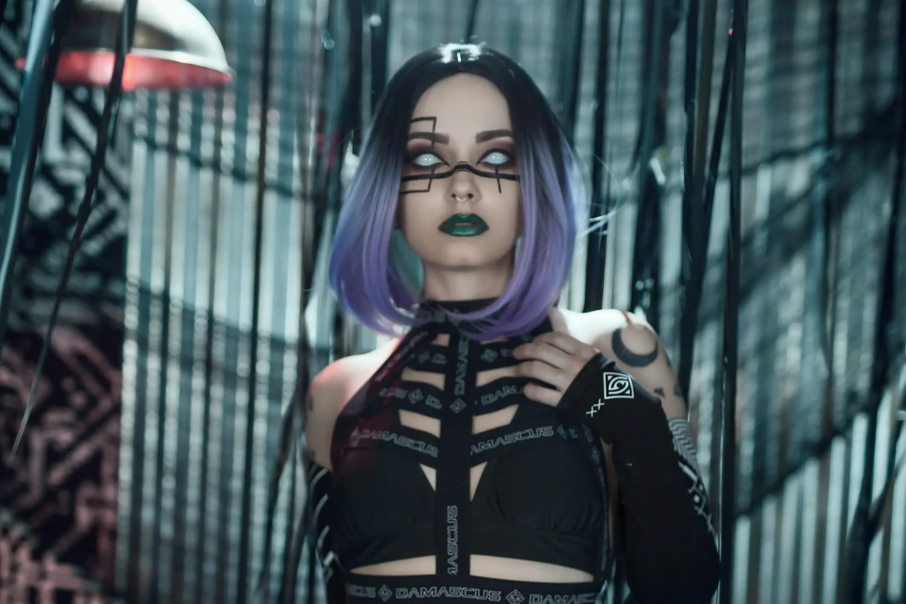 Forbidden Realm Sentientandroid cyborg purple-hair gen-the-hobbit genevieve genthehobbit cyberpunk futuristic industrial scifi  Slide