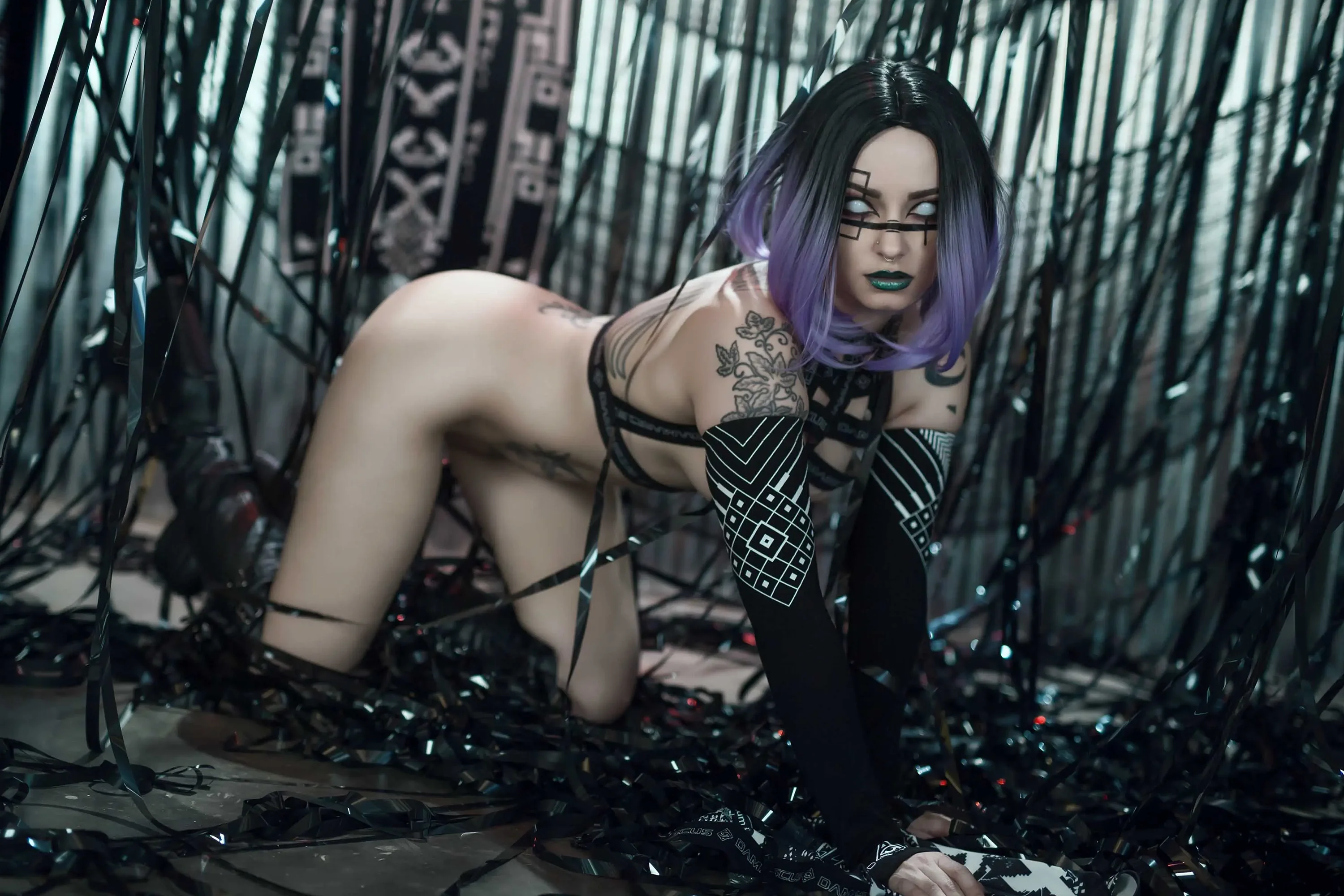 Forbidden Realm Sentientandroid cyborg purple-hair gen-the-hobbit genevieve genthehobbit cyberpunk futuristic industrial scifi  Slide