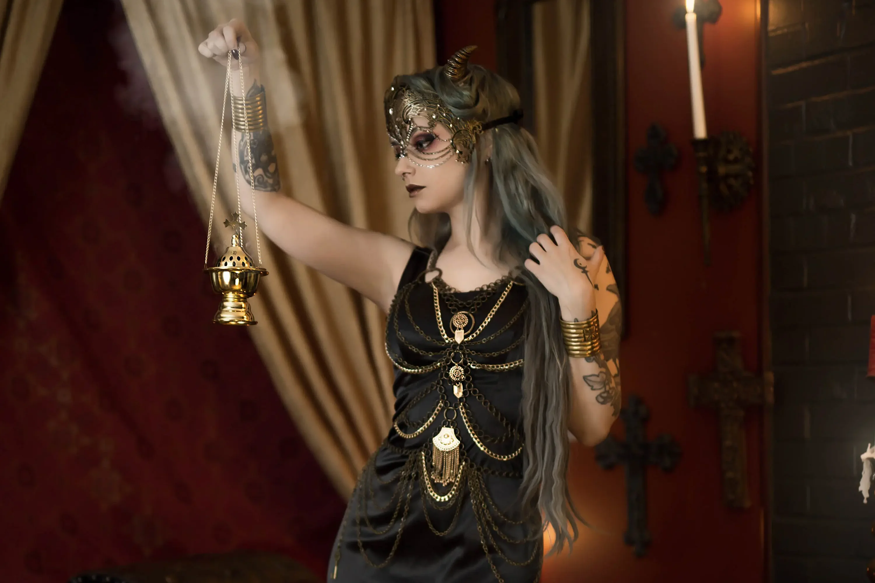 Forbidden Realm Succubuscandles horns mask stockings mythological-creature succubus gen-the-hobbit genevieve genthehobbit macabre  Slide