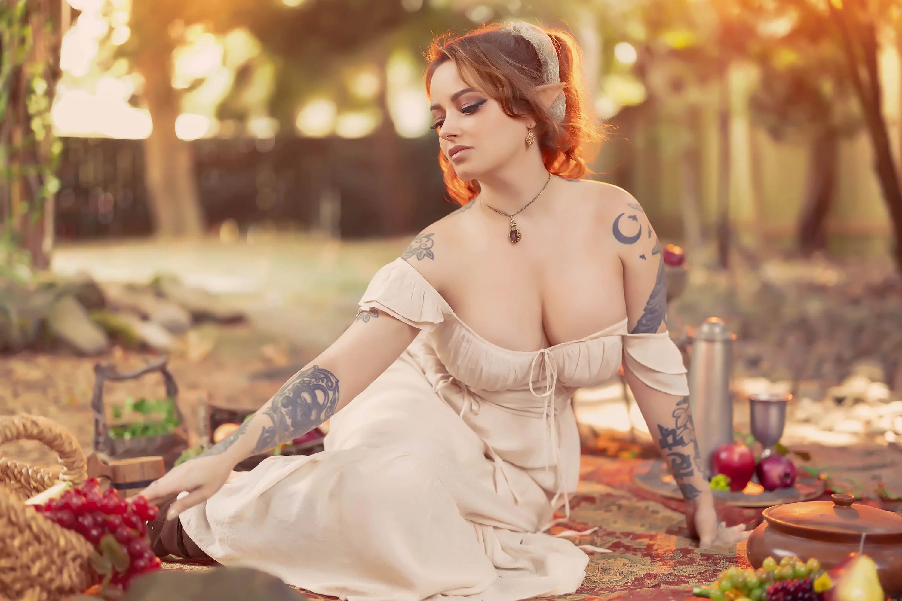 Forbidden Realm Sunlit Picnicelf maiden autumn delicate sweet redhead nature outdoor gen-the-hobbit genevieve genthehobbit boho fairy-tale fantasy renaissance  Slide