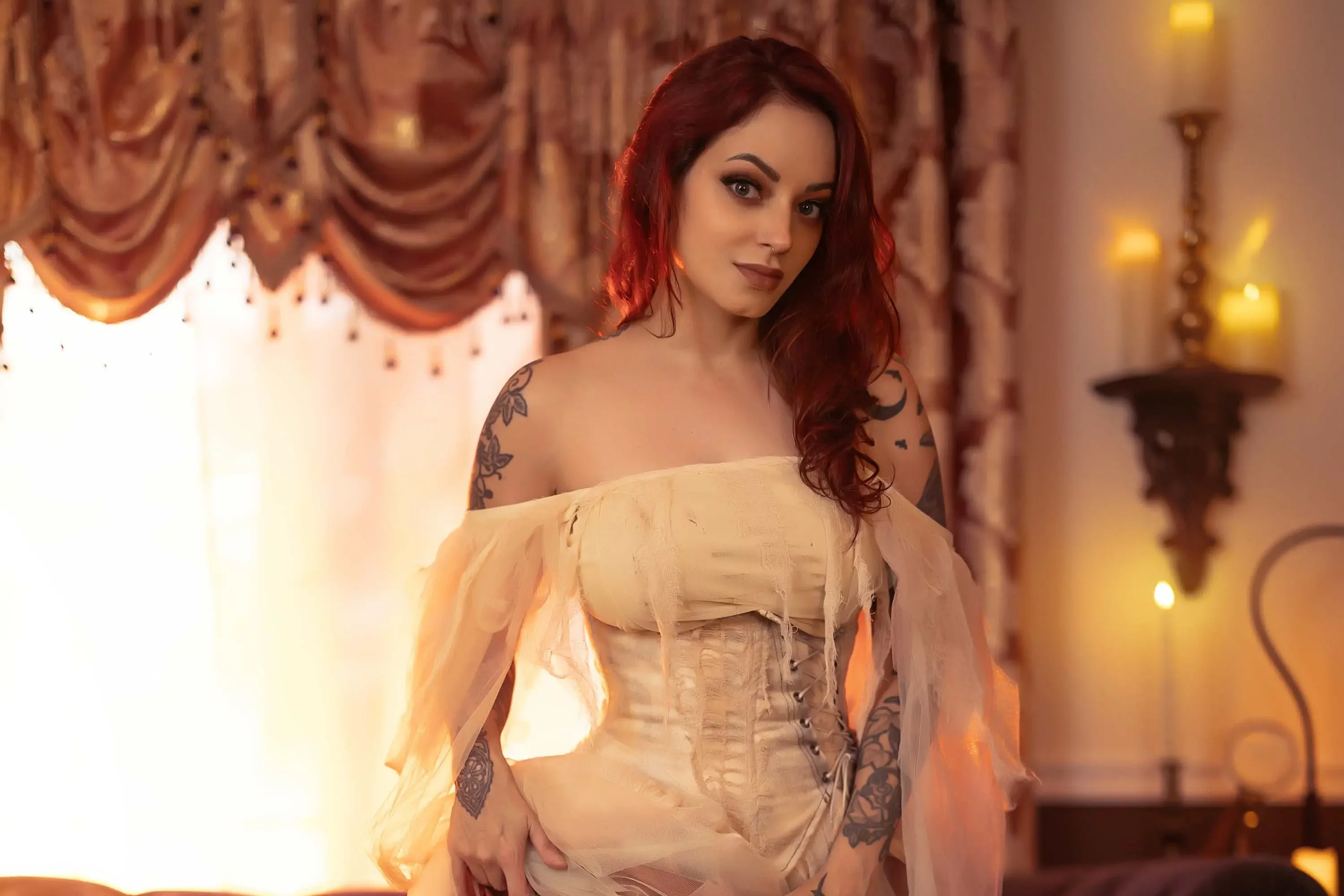 Forbidden Realm Sunset Parlorcandles corset dreamy redhead gen-the-hobbit genevieve genthehobbit boudoir ethereal vintage  Slide