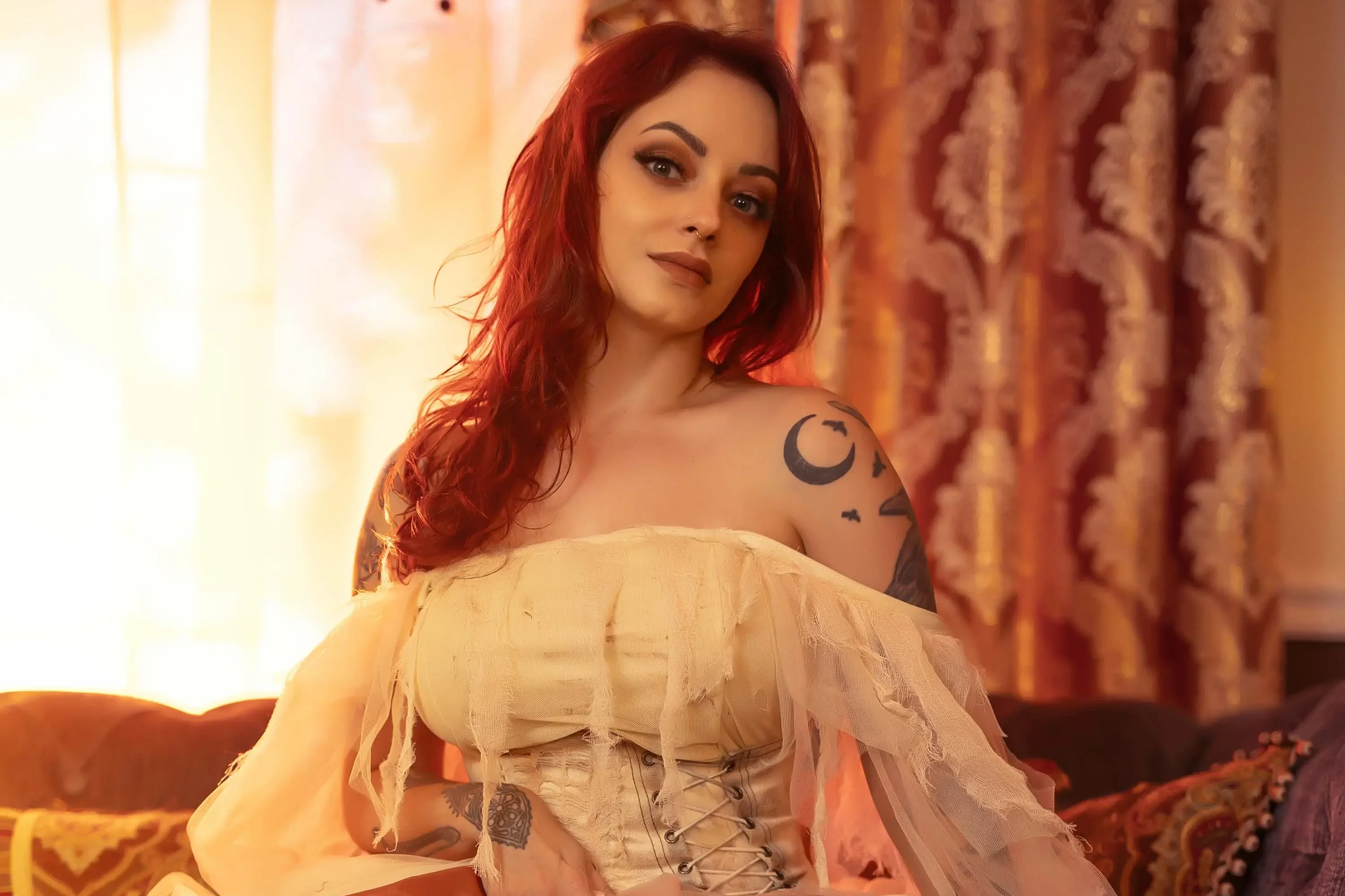 Forbidden Realm Sunset Parlorcandles corset dreamy redhead gen-the-hobbit genevieve genthehobbit boudoir ethereal vintage  Slide