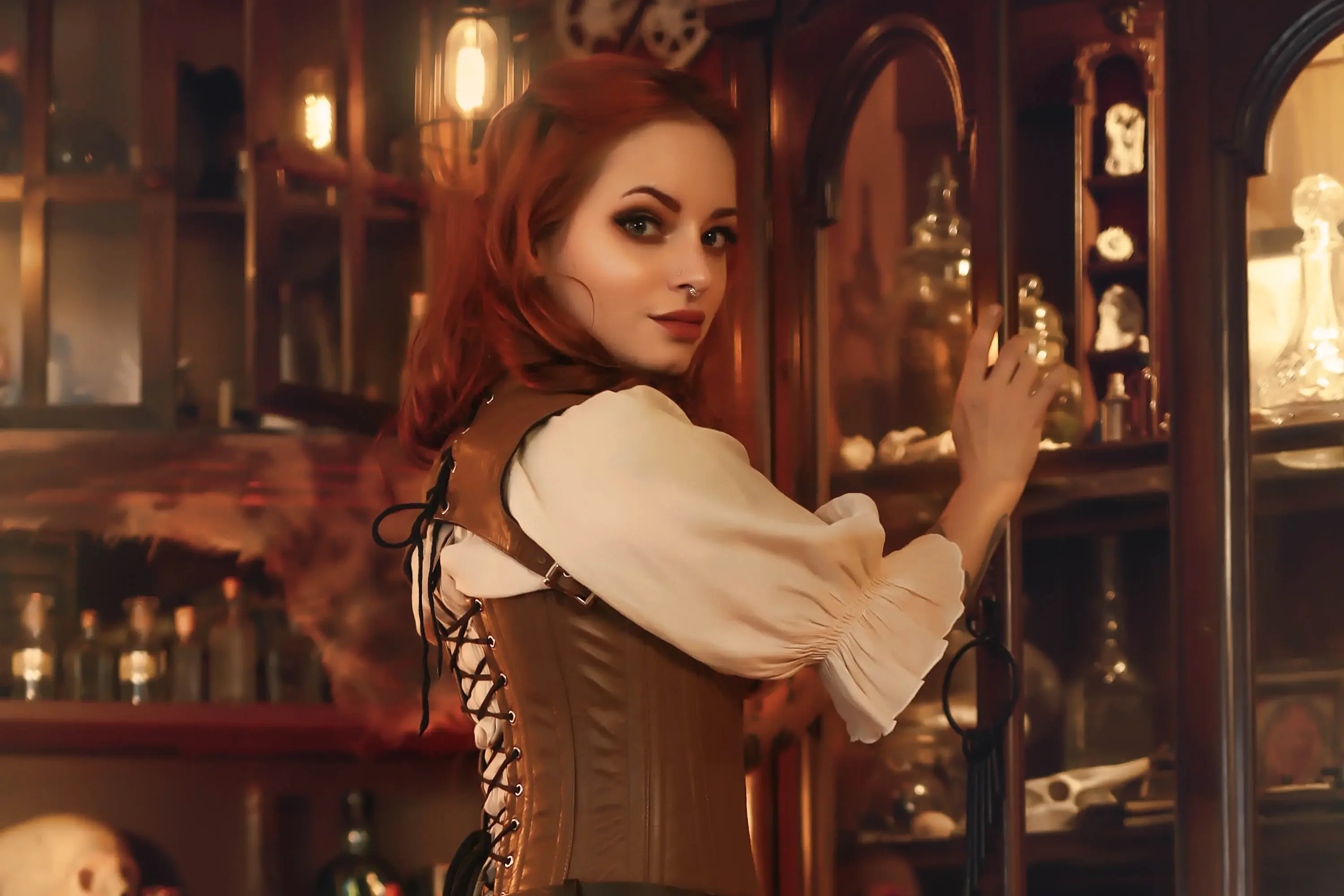 Forbidden Realm The Apothecariumcorset curio-cabinets leather redhead gen-the-hobbit genevieve genthehobbit macabre sorcery victorian  Slide