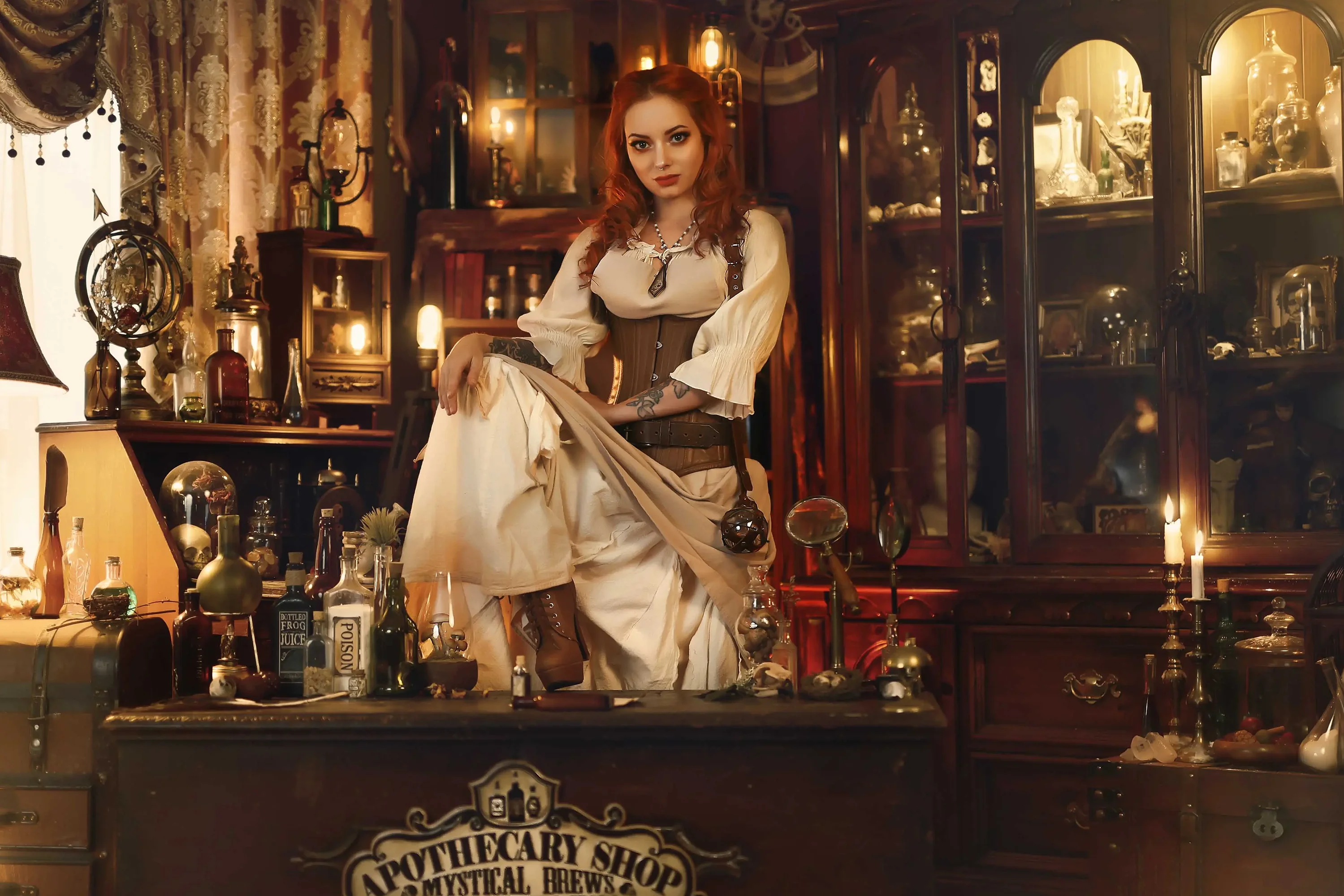 Forbidden Realm The Apothecariumcorset curio-cabinets leather redhead gen-the-hobbit genevieve genthehobbit macabre sorcery victorian  Slide